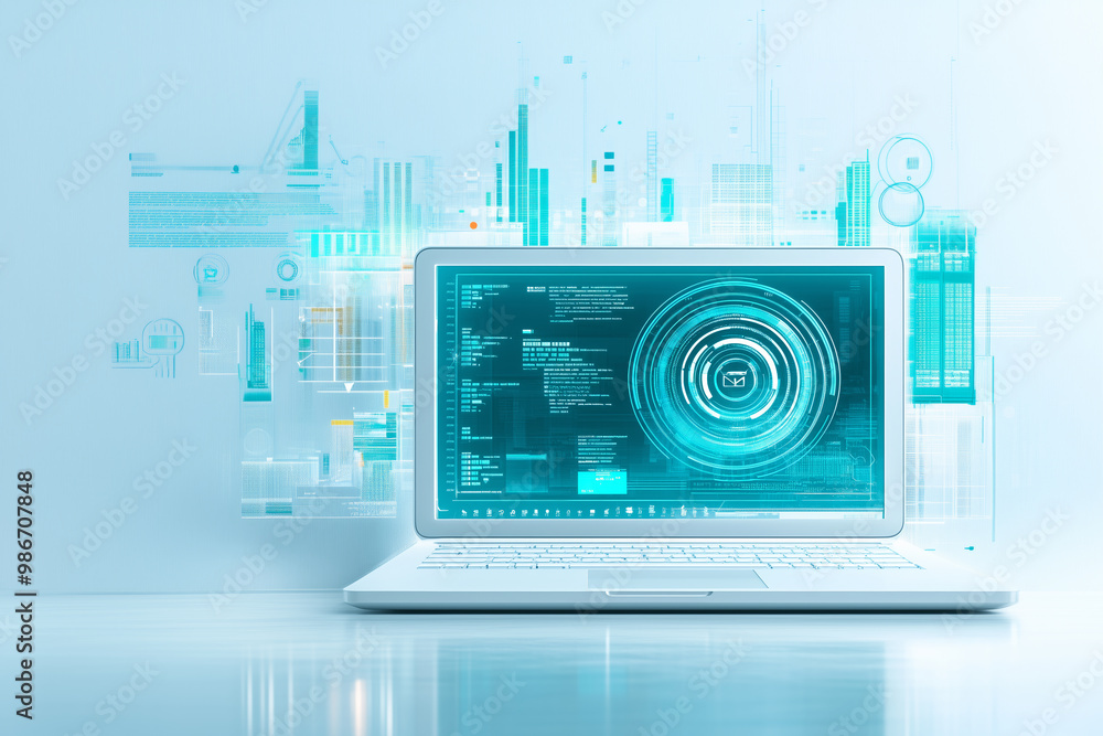 Poster modern laptop displaying digital data analysis and futuristic graphics in a tech-focused workspace