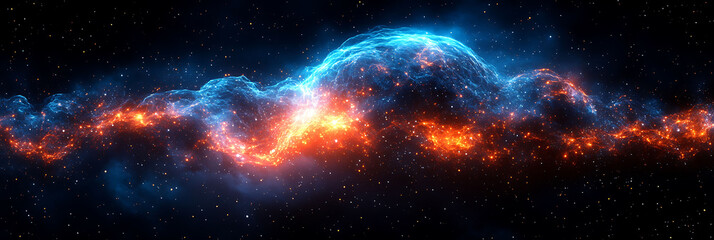 Obraz premium Cosmic nebula cloud with glowing blue and orange light swirling in deep space creates a vast ethereal atmosphere suitable for science research or space travel project.