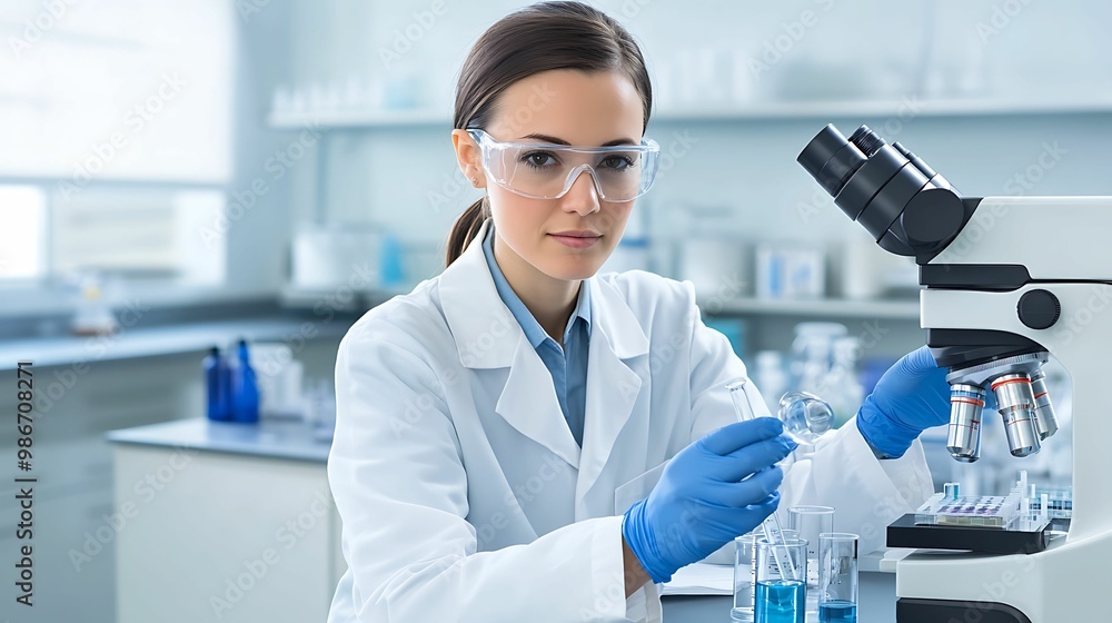 Aufkleber a focused scientist in a lab coat examines samples under a microscope, showcasing a commitment to re