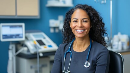 A smiling healthcare professional with curly hair sits in a medical office, wearing a stethoscope, exuding confidence and approachability.