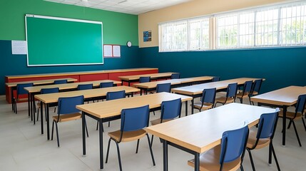 A bright, organized classroom featuring rows of desks, blue chairs, and a large chalkboard against a colorful wall.