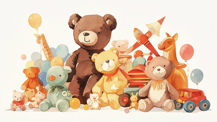 幼い子供が子供部屋で過ごす時間。水彩絵の具で描いた絵本のような優しいタッチ。幼少期,ぬいぐるみ,おもちゃ,背景素材,保育園,家,幼稚園,