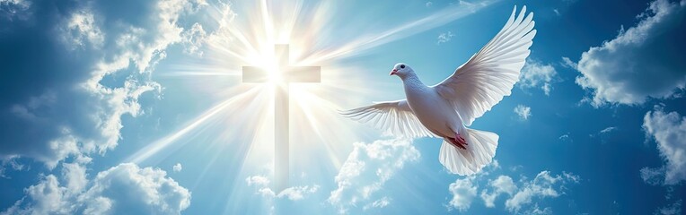 Obraz premium White dove flying in front of a radiant cross in the clouds