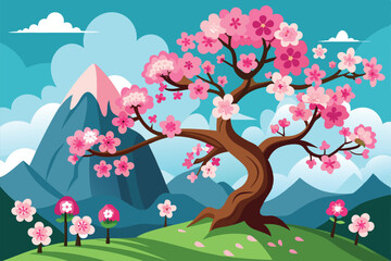 Beautiful cherry blossom trees bloom vibrantly on a grassy hill with mountains in the background, Customizable cartoon illustration of cherry blossoms.