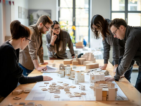 Collaborative team reviewing new product design prototype with models