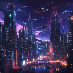 Obraz premium Futuristic Neon Skyline with Flying Vehicles at Night