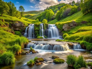 Obraz premium Softly cascading, the waterfall descends into the serene prairie creek, surrounded by vibrant green foliage that sways