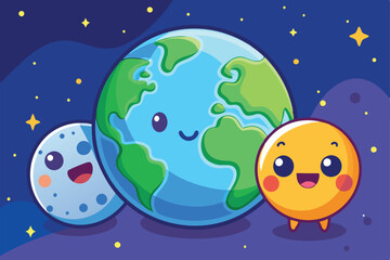 Naklejka premium A colorful cartoon depicts Earth and a smiling Moon surrounded by stars in a playful night atmosphere, Customizable cartoon illustration of Earth and moon.