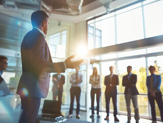 Fototapeta premium A businessman presenting new business plan to team in modern office