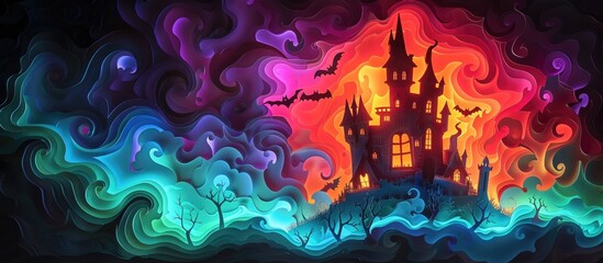 Mesmerizing Fairytale Castle Landscape in Vibrant Surreal Colorful Night Sky  Enchanting fantasy with a majestic castle silhouette surrounded by a mystical otherworldly and dreamlike atmosphere