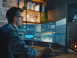 Data analyst working with financial software and charts, focused on insights