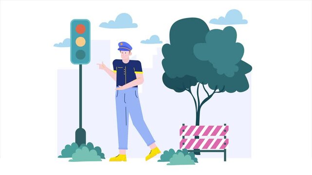 Colorful illustration of an animated traffic officer managing a traffic light in an urban setting animated video