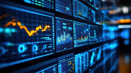 Obraz premium Data analytics tools in use on multiple screens, analytical style, sharp focus, bright lighting, high detail