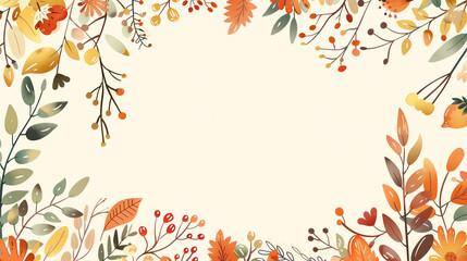 Autumn Floral Border with Colorful Leaves and Branches on a Cream Background
