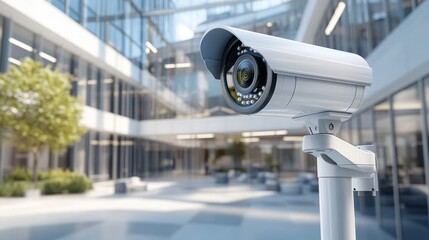 A hyper-realistic view of a security camera monitoring an office building, showcasing a clean and professional exterior. This depiction focuses on the surveillance setup, with bright lighting