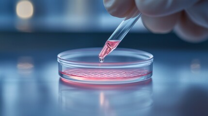 Dropping Pink Liquid Into Petri Dish In Laboratory