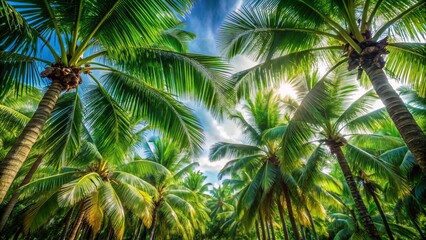 Fototapeta premium Softly swaying palm tree leaves form a lush canopy, filtering sunlight and casting dappled shadows on the serene
