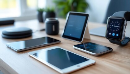 Smart devices on a desk, including a smartphone, tablet, and smartwatch, organized style, close-up, sharp focus