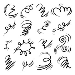 Obraz premium Doodle wind line sketch set. Hand drawn doodle wind movement, air blowing, vortex elements. Sketch of air blowing movement, abstract lines. 