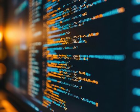 Software coding on a computer with lines of code visible, tech-savvy style, close-up, sharp focus, bright lighting