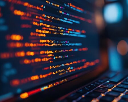 Software coding on a computer with lines of code visible, tech-savvy style, close-up, sharp focus, bright lighting