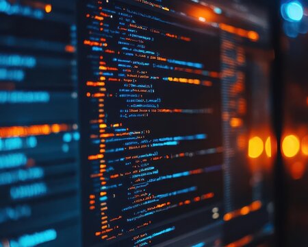 Software coding on a computer with lines of code visible, tech-savvy style, close-up, sharp focus, bright lighting