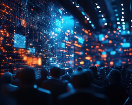 Tech industry conference with speakers presenting new technologies, professional environment, sharp focus, bright lighting