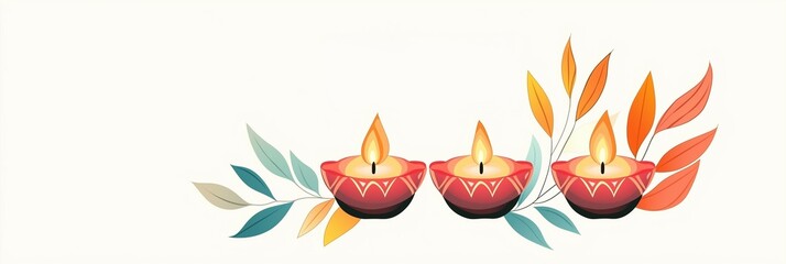 Obraz premium Simple vector of three diyas lined up, blank white space for text overlay 