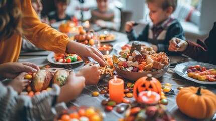 Obraz premium Children and adults sharing Halloween treats around a festively decorated dining table filled with candies, pumpkins, and Halloween-themed decorations. Halloween, spooky, haunted concept.