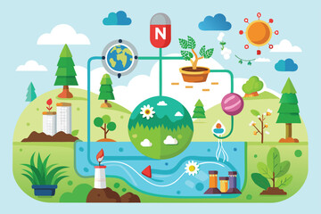 Fototapeta premium An engaging illustration shows nitrogen's importance in ecosystems, featuring plants and water connections, Customizable cartoon illustration of the nitrogen cycle.