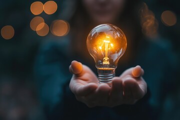 A glowing light bulb held in cupped hands, symbolizing inspiration or new ideas.