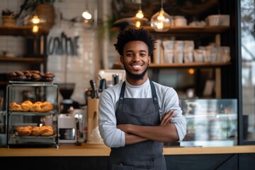Fototapeta premium A Smiling Barista Standing Behind The Counter Of A Coffee Shop