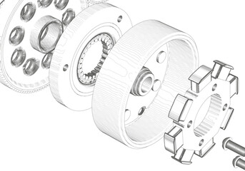 Stator, rotor and other parts on white background.