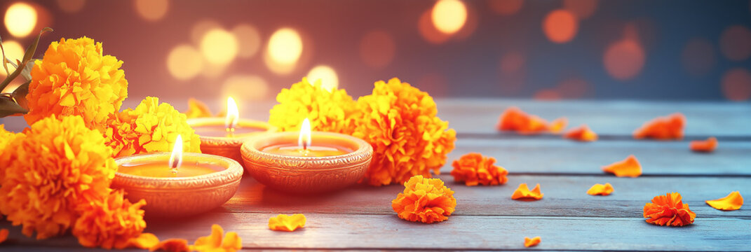 Calm diwali background with diyas and marigolds on wooden table
