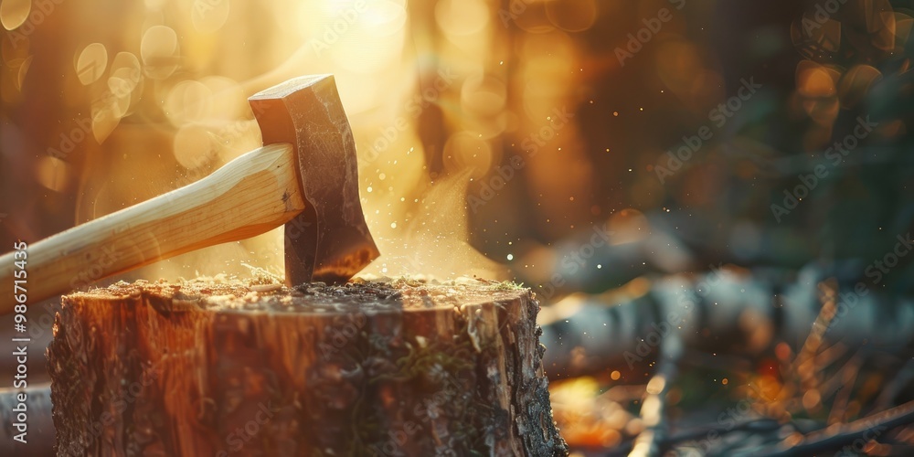 Aufkleber ax with a wooden handle driven into a tree stump