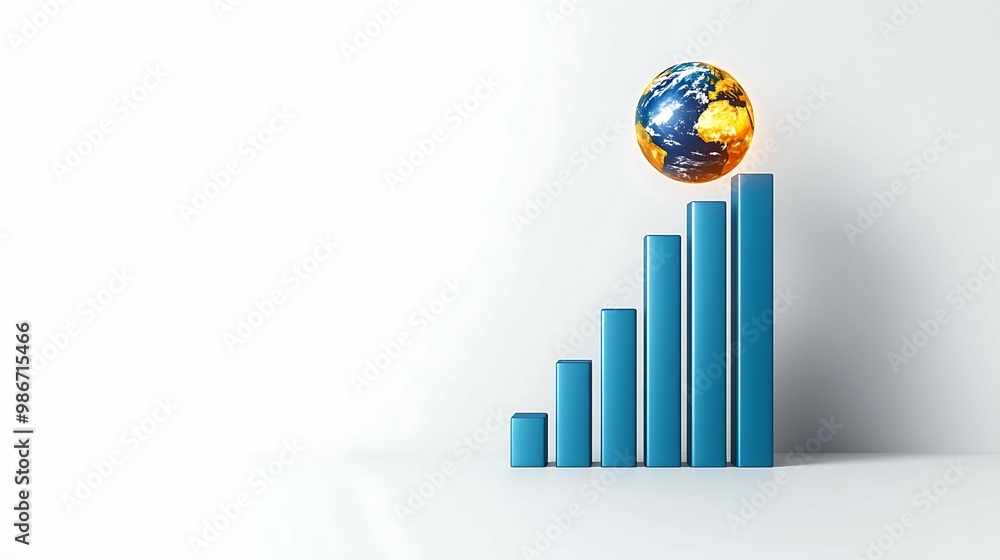 Poster a colorful globe perched atop a blue bar graph illustrates global growth and progress in visual data