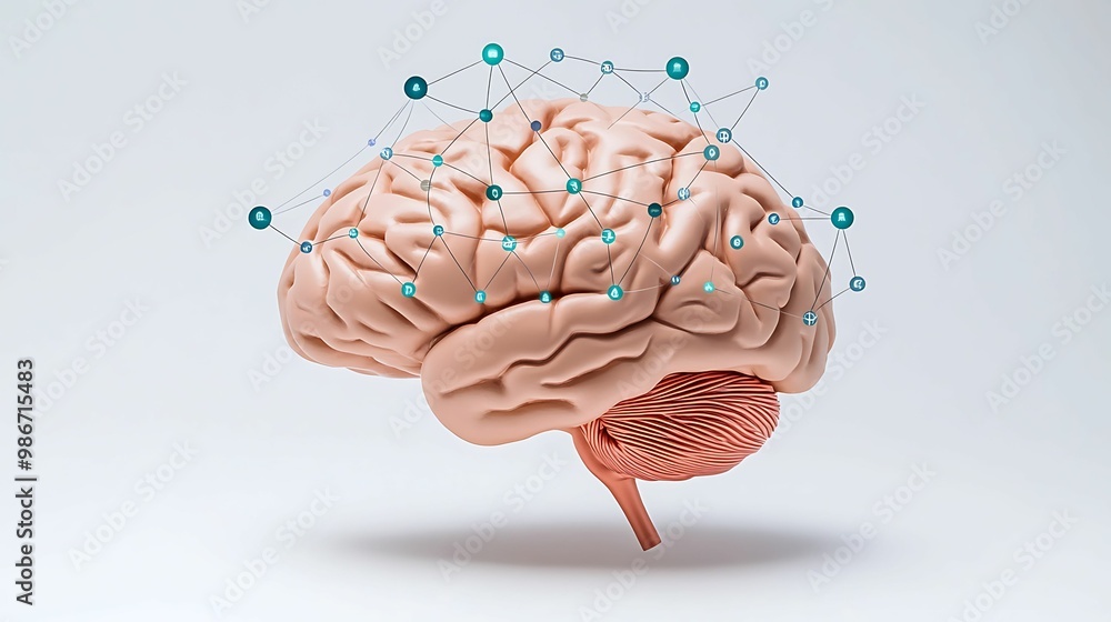 Poster a stylized brain model interconnected with nodes, symbolizing neural networks, intelligence, and cog