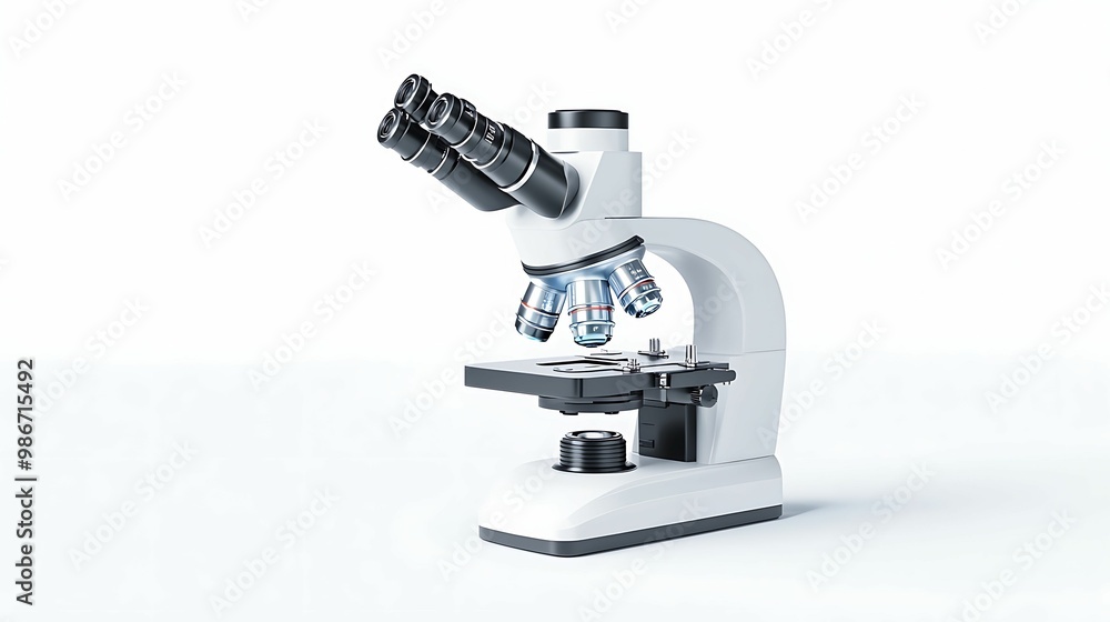 Poster a modern microscope positioned on a clean surface, highlighted by its sleek design and adjustable le