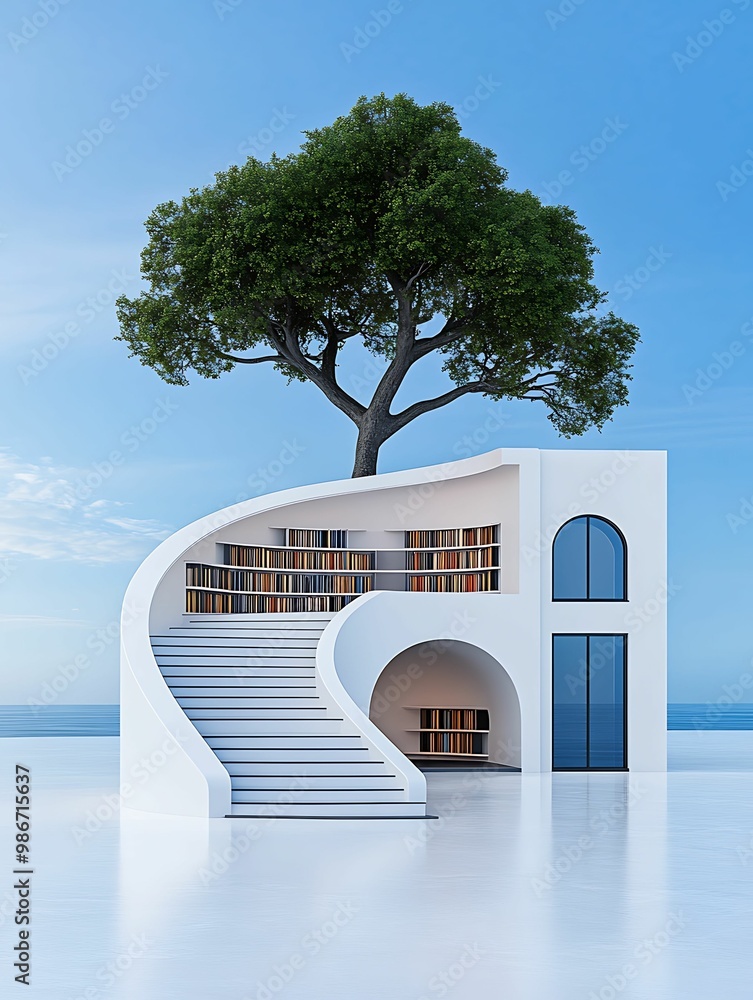 Poster a futuristic, artistic structure features a library with a tree growing from its roof, blending natu