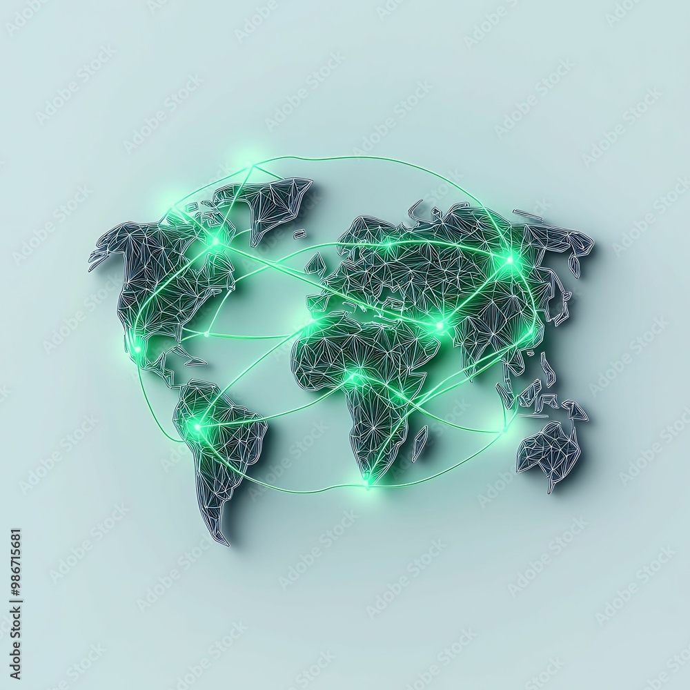 Poster a digital representation of the world map with glowing green connections, symbolizing global network