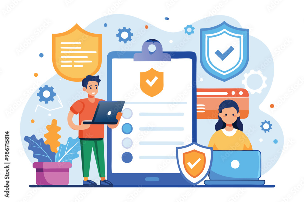 Poster two characters working on privacy policy documents alongside security shields and technology element