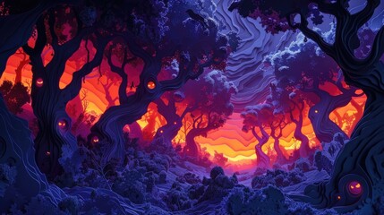 Fototapeta premium Fiery Fantastical Landscape with Glowing Molten Lava Billowing Ethereal Smoke and Scorched Charred Trees in a Dark Mysterious Enchanted Forest Surreal Otherworldly and Imaginative Digital Art