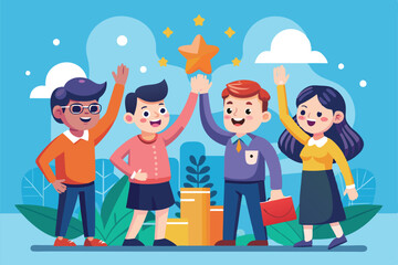 A diverse group of four team members joyfully celebrating their achievements in a sunny outdoor setting, Customizable cartoon illustration showcasing teamwork with a high five.