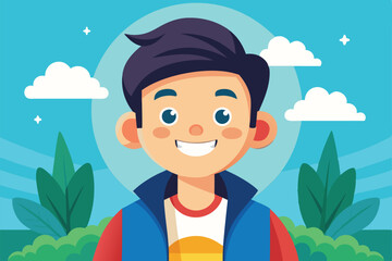 A happy boy with a big smile is standing outdoors surrounded by green foliage and bright blue skies, Customizable cartoon illustration that brings happiness.