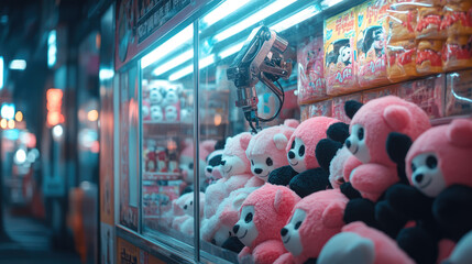 Obraz premium A store with a display of stuffed animals, including teddy bears and pandas. The store is lit up and has a neon sign