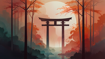 abstract representation of a Torii gate surrounded by ethereal light, blending with modern geometric shapes and gradients