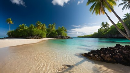 Obraz premium A scenic coral beach featuring palm trees, generative ai 