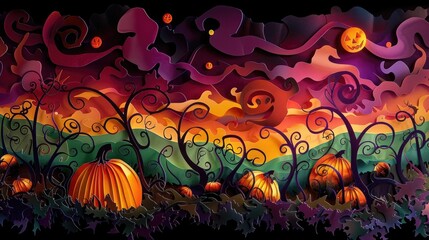 Enchanted Autumn Nightscape with Glowing Pumpkins and Mystic Mushrooms in a Dreamlike Magical Forest Landscape under a Mystical Moonlit Sky
