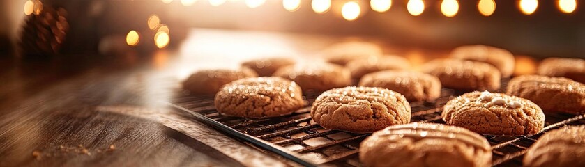 Fototapeta premium Freshly baked cookies cooling on a rack, perfect for holiday gatherings and comforting moments with loved ones.