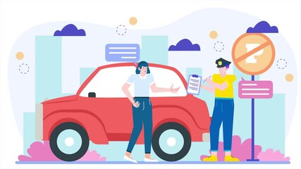 a car parked illegally and a police officer issuing a ticket illustration animated video